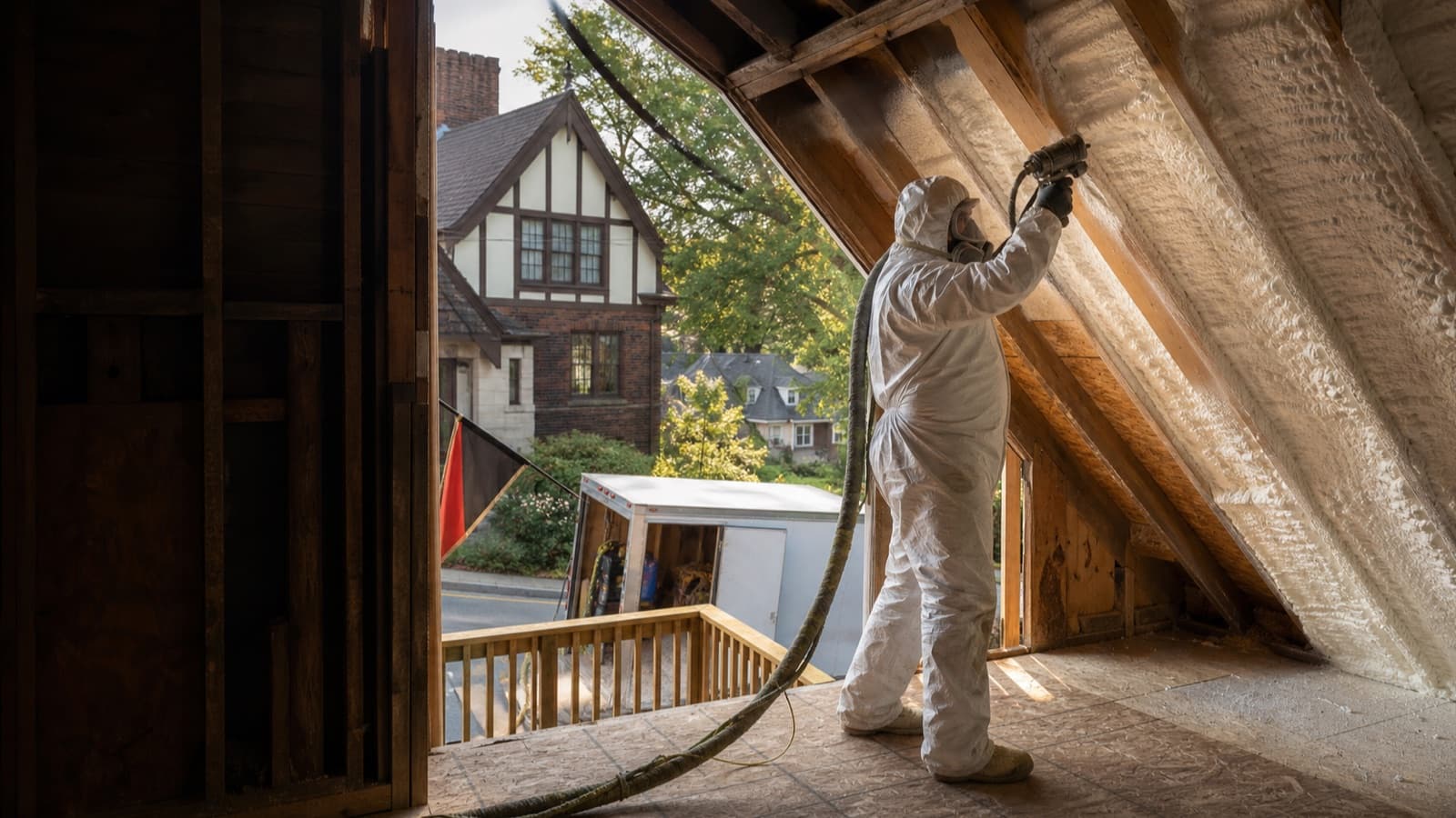 Installer applying spray foam to the roof deck of an attic in a Cincinnati Tudor home