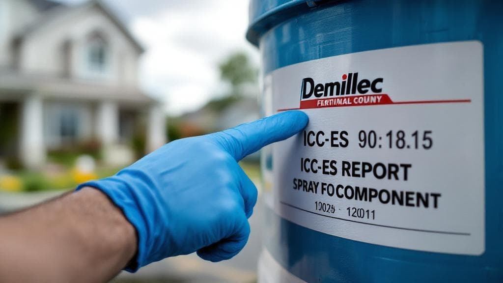 Gloved hand inspecting the manufacturer product label on a foam component drum