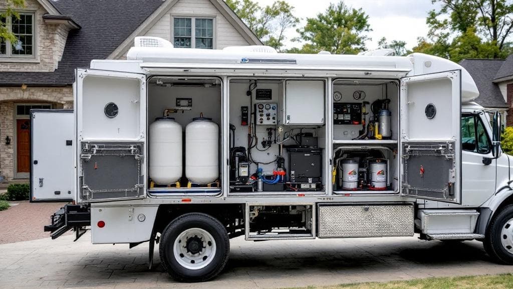 Truck-mounted Graco proportioner rig with side panels open