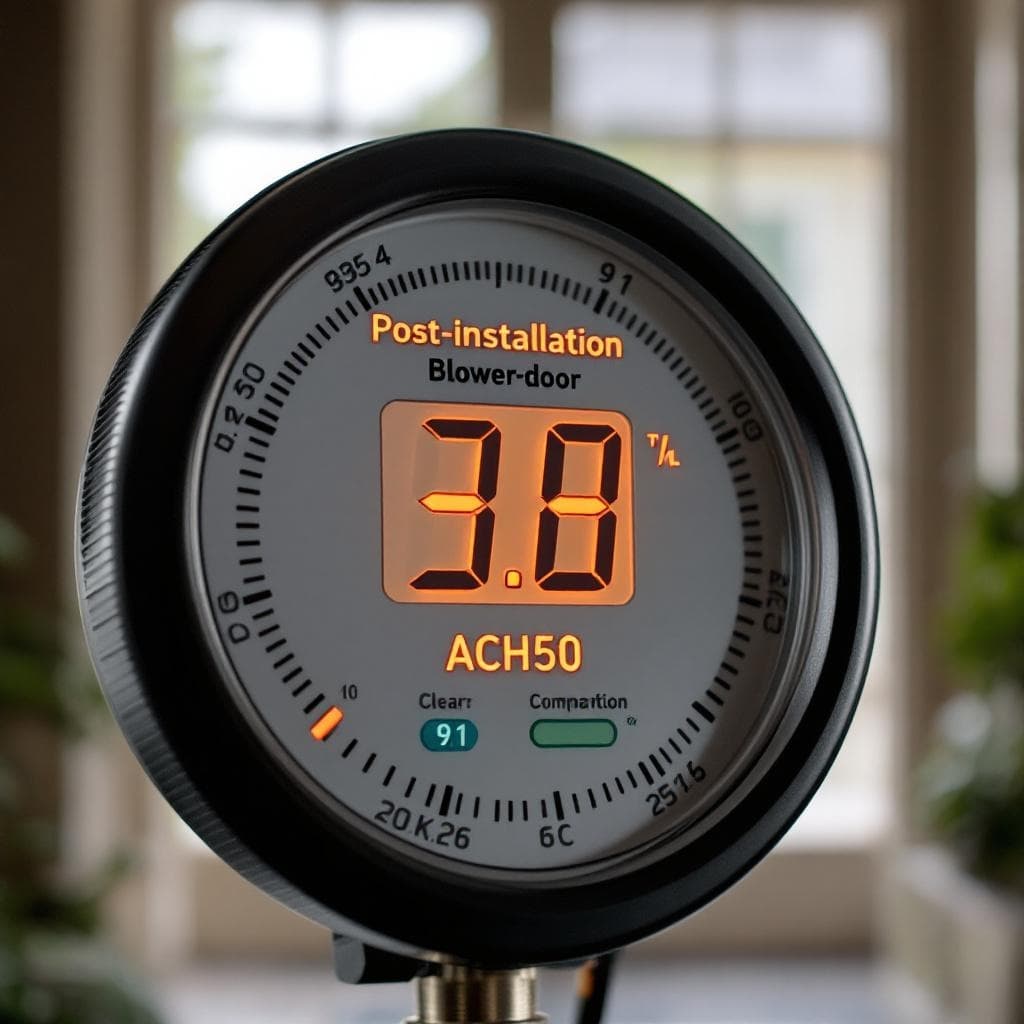 Post-installation blower-door manometer showing dramatic ACH50 reduction