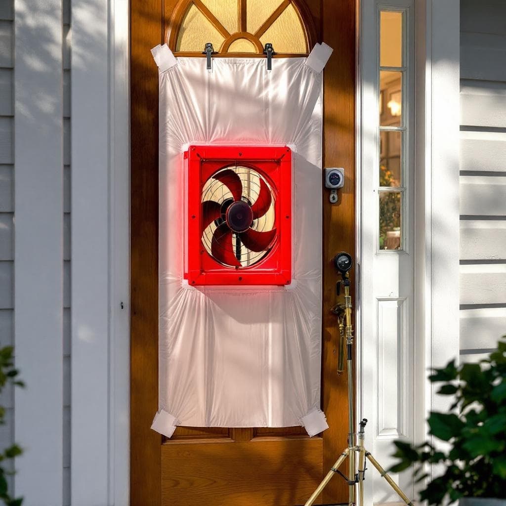 Pre-installation blower-door fan setup at the front door of a Cincinnati home