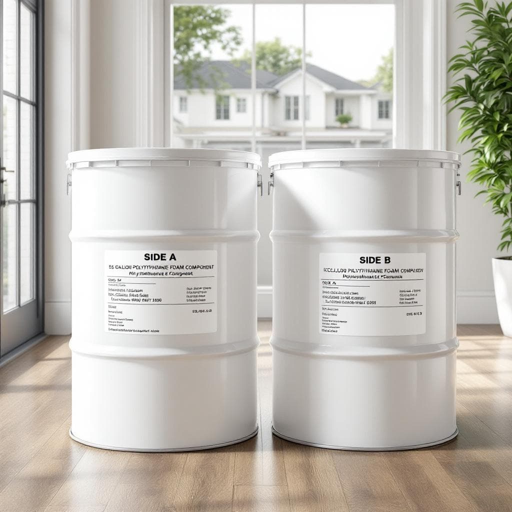 Demilec spray foam product container with manufacturer specification label