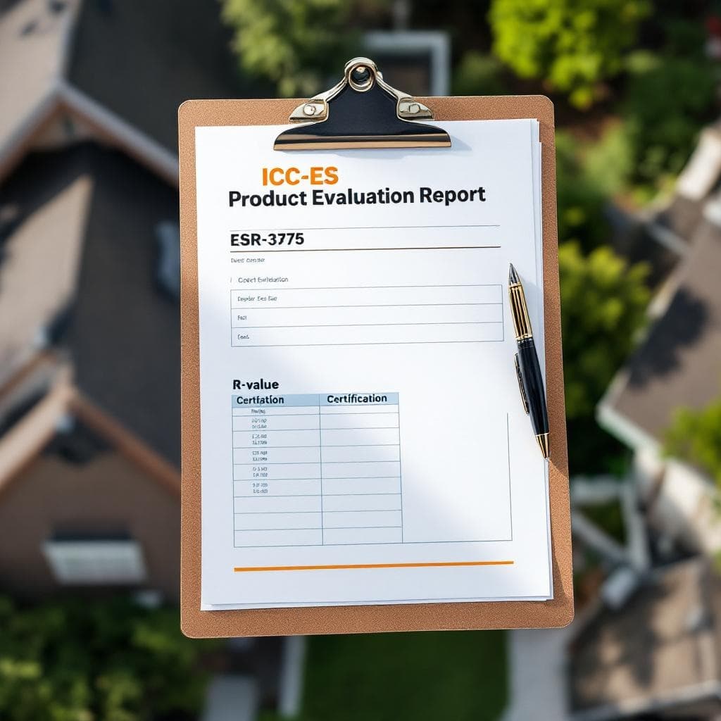 ICC-ES product evaluation report on a clipboard at a Cincinnati spray foam install