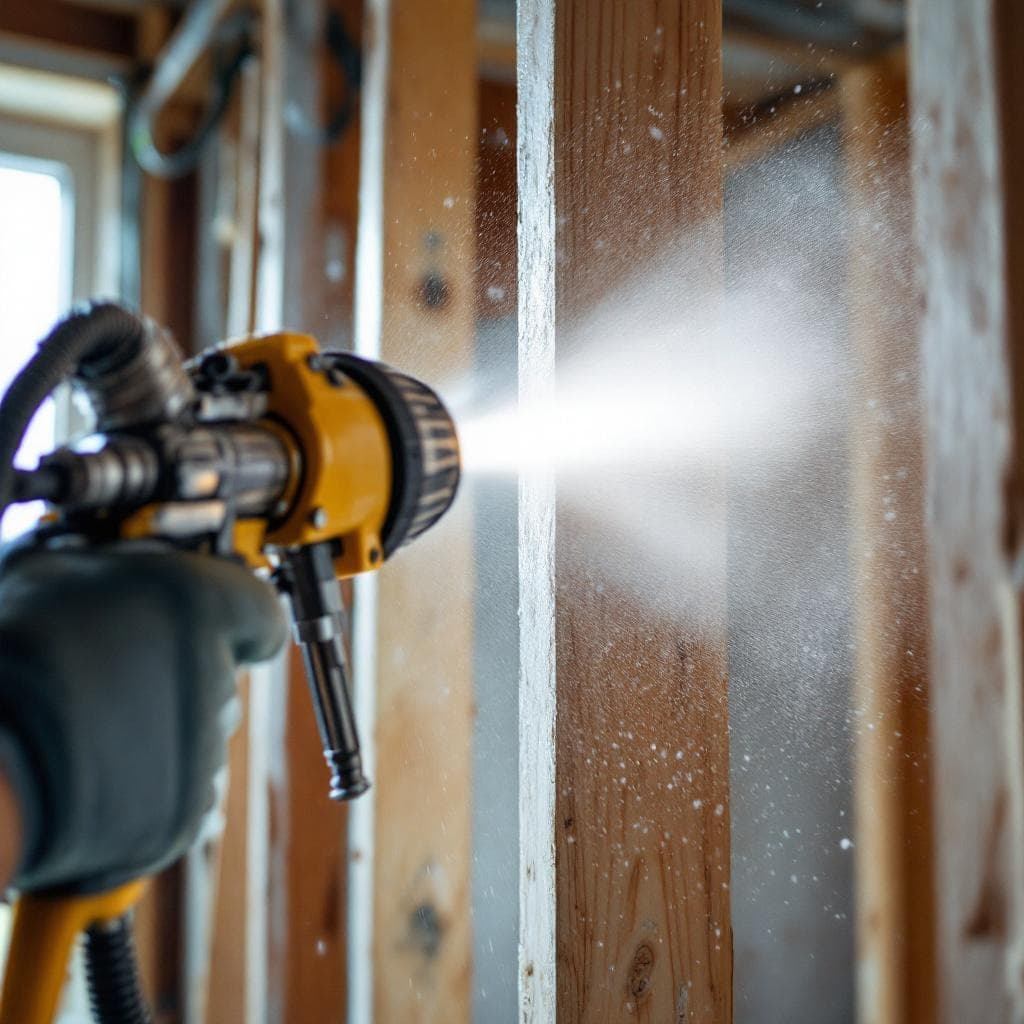 Spray foam application gun in mid-action delivering a continuous bead
