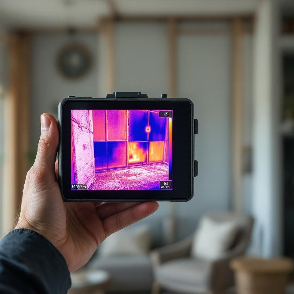 Thermal imaging camera display showing uniform temperature post-foam installation