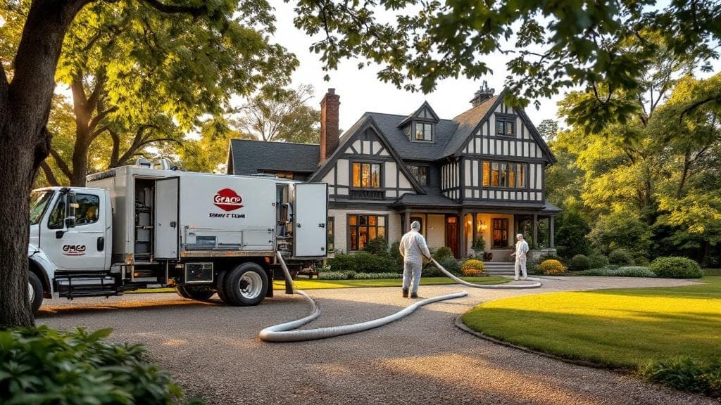 Truck-mounted Graco spray foam rig parked at a Cincinnati Tudor home with hose running into the basement