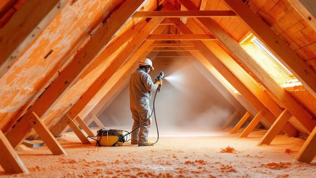 Closed-cell spray foam mid-application on the underside of a Cincinnati attic roof deck
